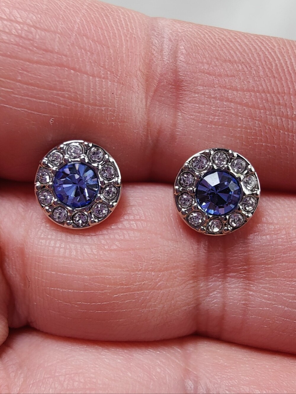 Givenchy Blue Crystal Halo Stud Earrings Silver Tone Rhinestone Signed